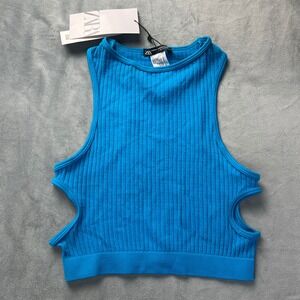NWT ZARA Blue Ribbed Cut Out Crop Tank Top XS-S